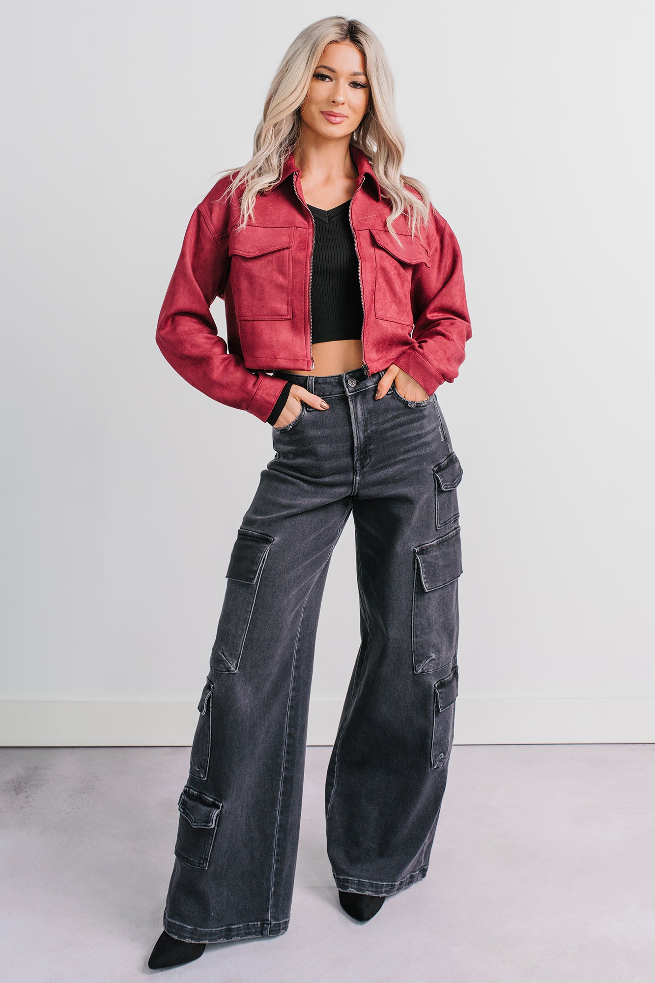 Stay Blushing Faux Suede Crop Jacket (Burgundy) - NanaMacs