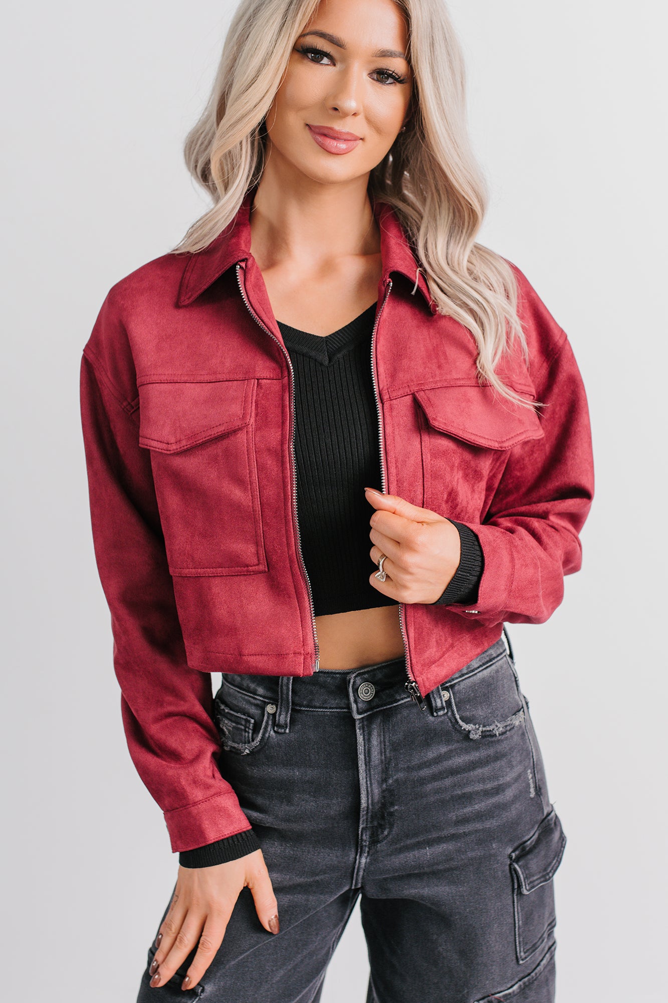 Stay Blushing Faux Suede Crop Jacket (Burgundy) - NanaMacs