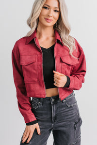Stay Blushing Faux Suede Crop Jacket (Burgundy) - NanaMacs