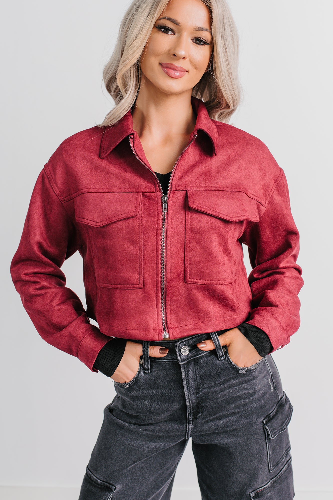 Stay Blushing Faux Suede Crop Jacket (Burgundy) - NanaMacs