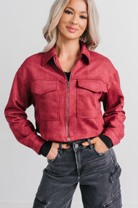 Stay Blushing Faux Suede Crop Jacket (Burgundy) - NanaMacs