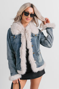 Easy Talker Faux Fur Trim Denim Coat (Denim Blue) - NanaMacs