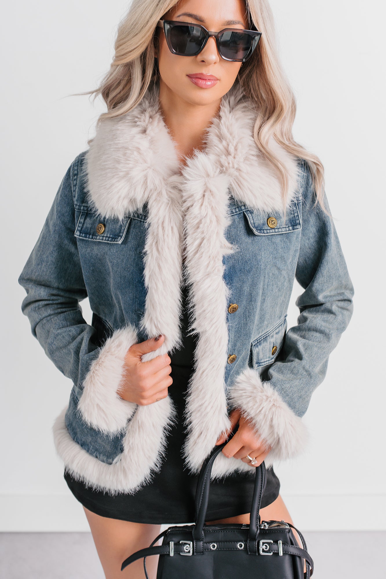 Easy Talker Faux Fur Trim Denim Coat (Denim Blue) - NanaMacs