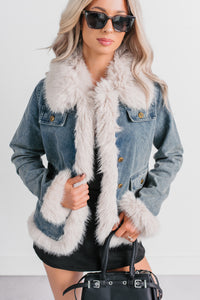 Easy Talker Faux Fur Trim Denim Coat (Denim Blue) - NanaMacs