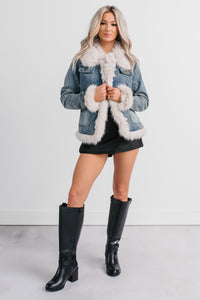 Easy Talker Faux Fur Trim Denim Coat (Denim Blue) - NanaMacs