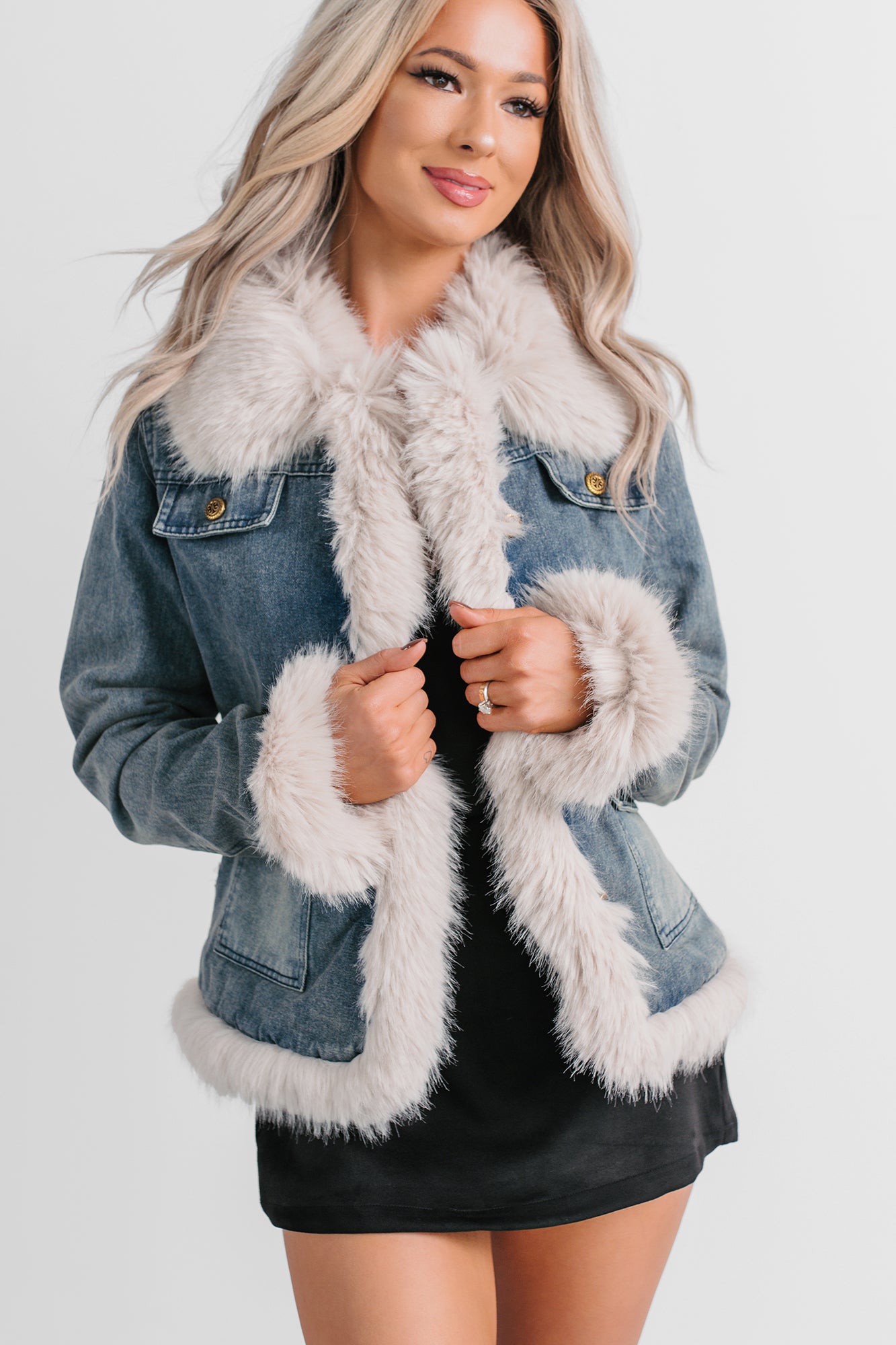 Easy Talker Faux Fur Trim Denim Coat (Denim Blue) - NanaMacs