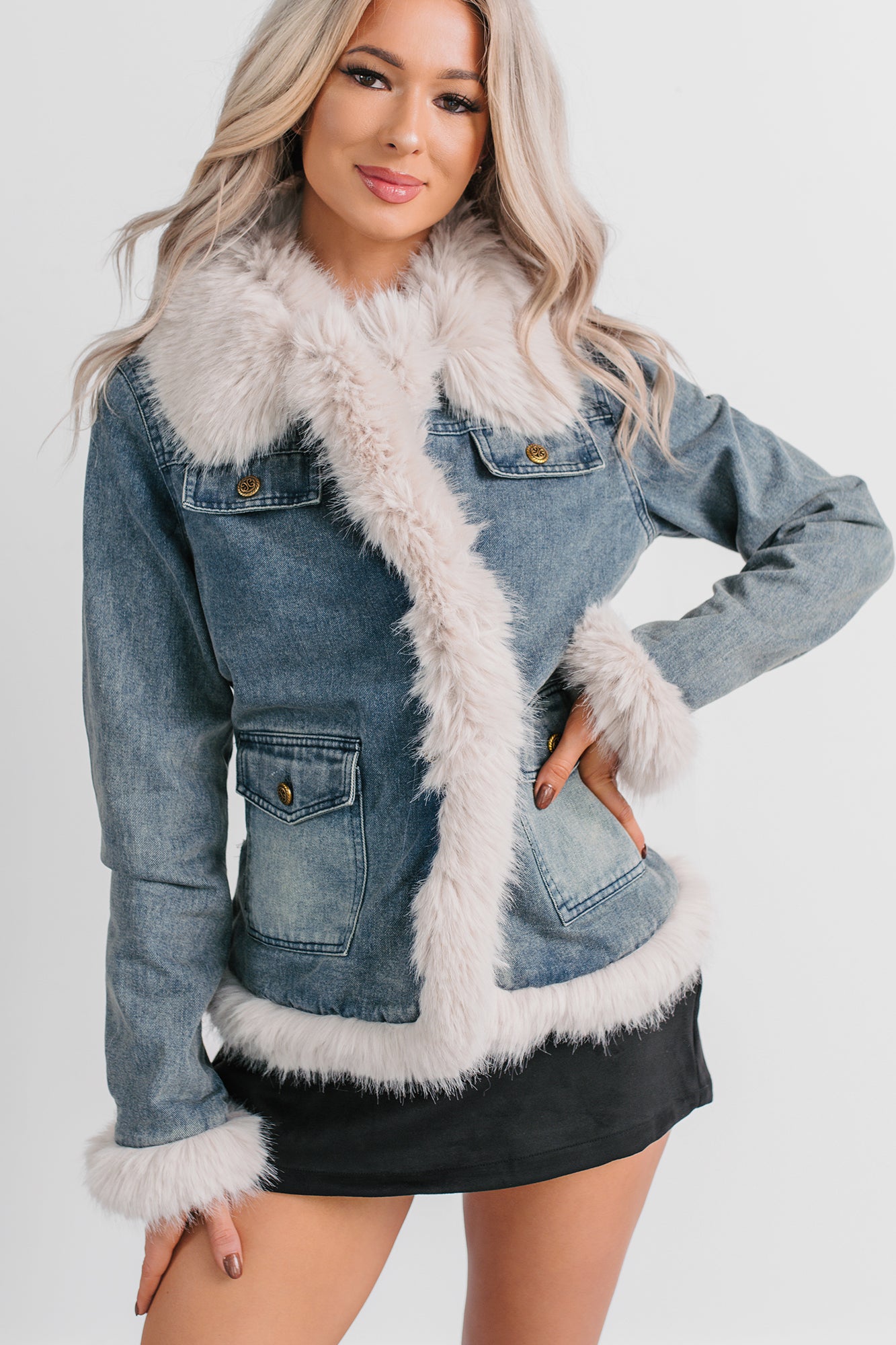 Easy Talker Faux Fur Trim Denim Coat (Denim Blue) - NanaMacs