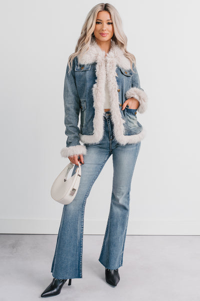 Easy Talker Faux Fur Trim Denim Coat (Denim Blue)