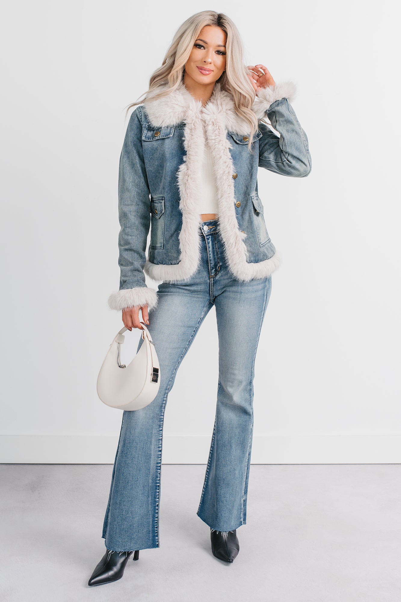 Easy Talker Faux Fur Trim Denim Coat (Denim Blue) - NanaMacs