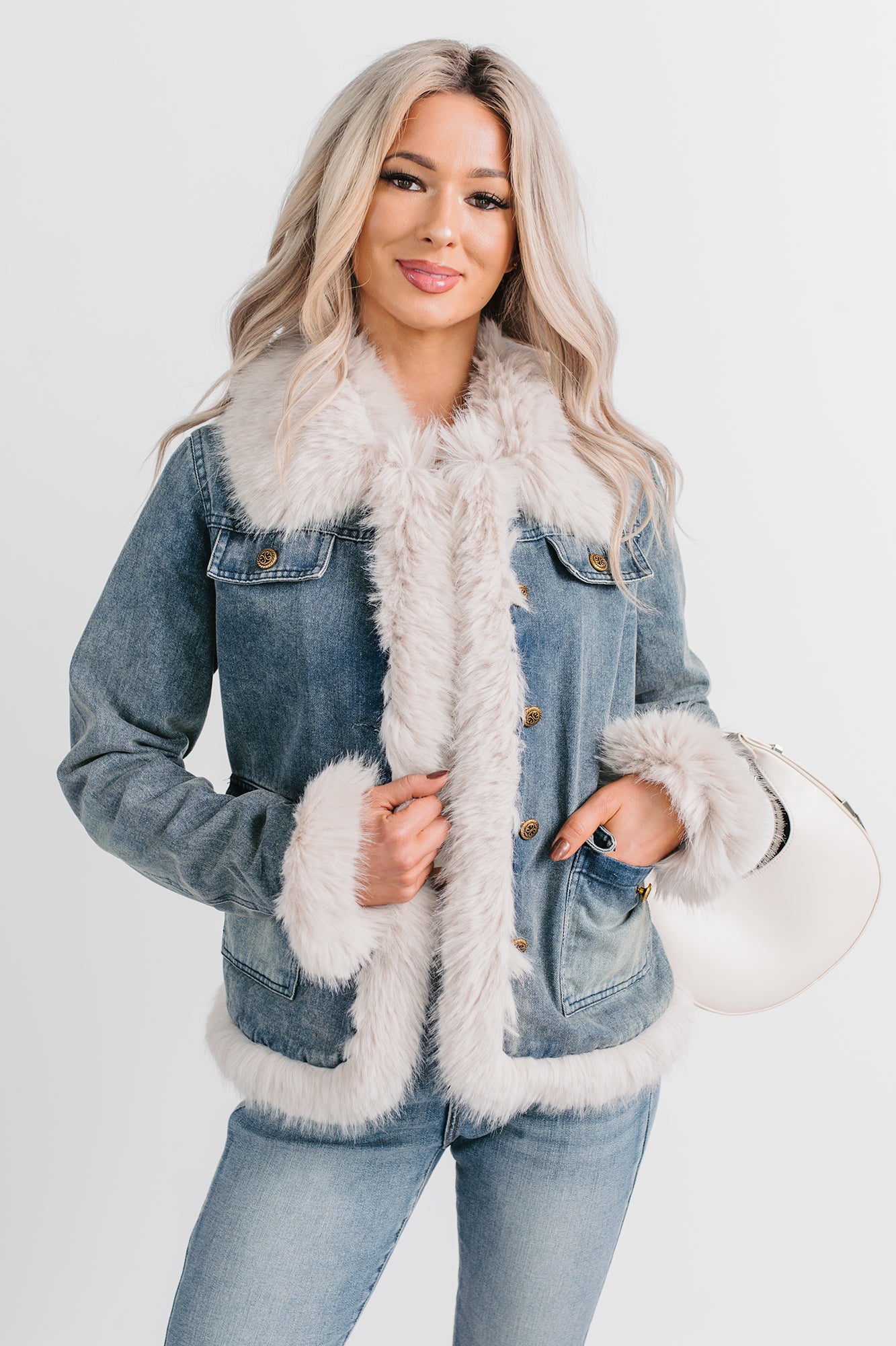 Easy Talker Faux Fur Trim Denim Coat (Denim Blue) - NanaMacs