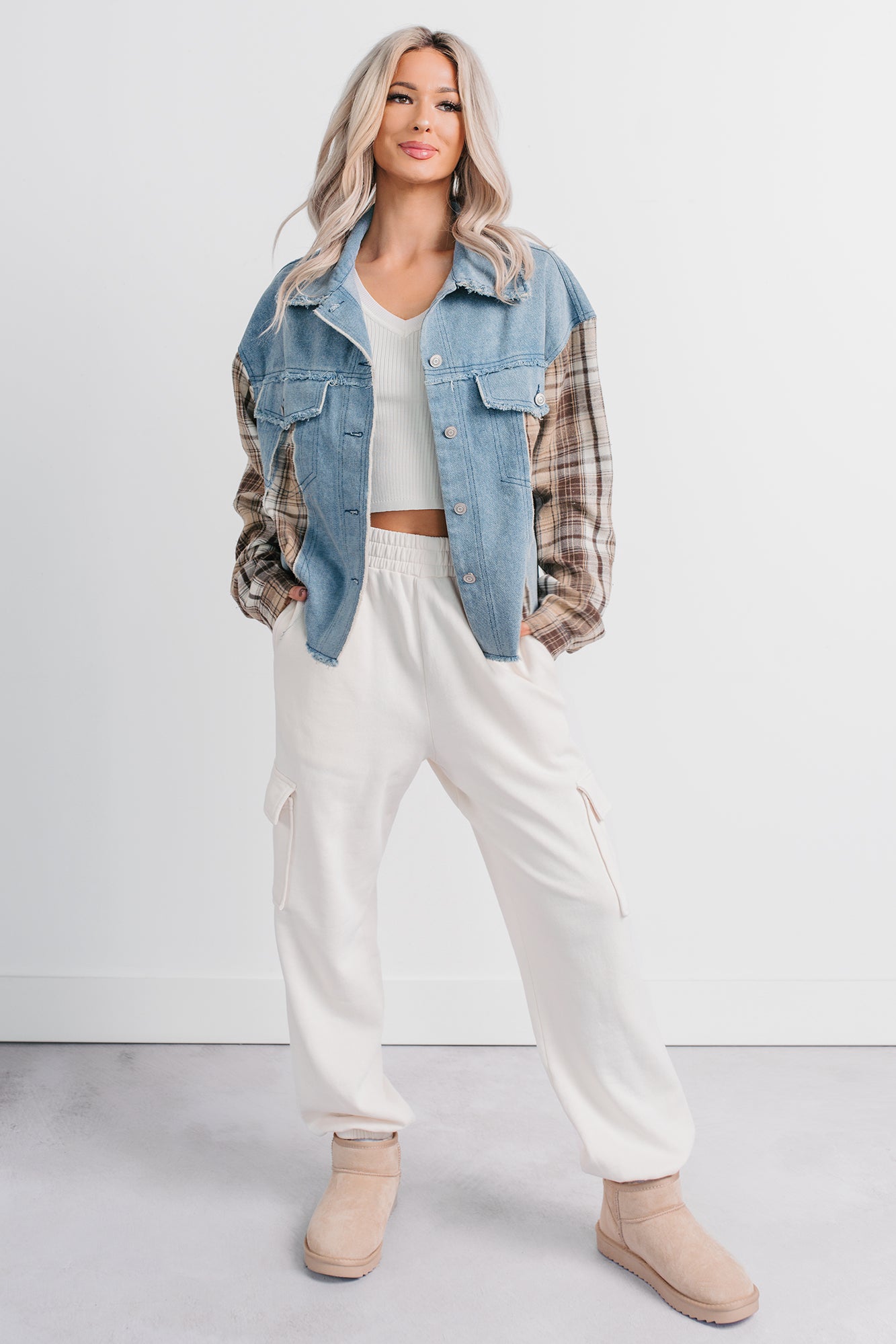 Daily Mode Plaid Denim Mix Jacket (Taupe Blend) - NanaMacs