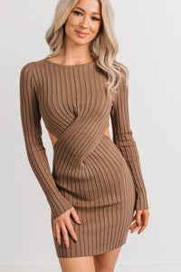 Pure Drama Cut-Out Ribbed Knit Mini Dress (Dark Mocha) - NanaMacs