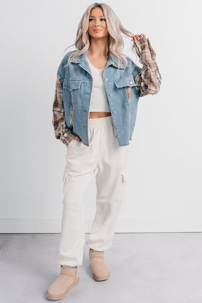 Daily Mode Plaid Denim Mix Jacket (Taupe Blend) - NanaMacs