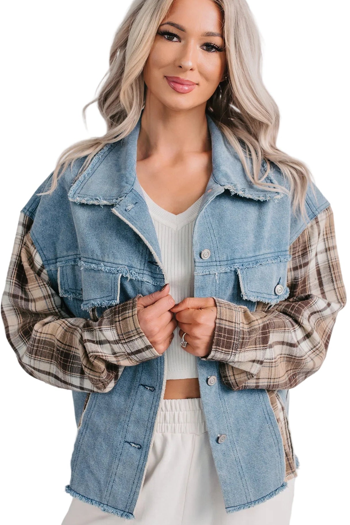 Daily Mode Plaid Denim Mix Jacket (Taupe Blend) - NanaMacs