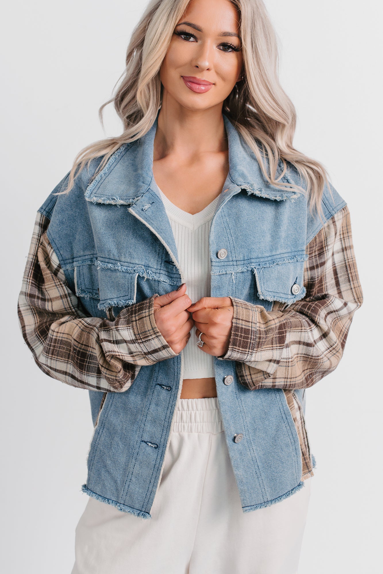 Daily Mode Plaid Denim Mix Jacket (Taupe Blend) - NanaMacs