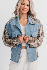 Daily Mode Plaid Denim Mix Jacket (Taupe Blend) - NanaMacs