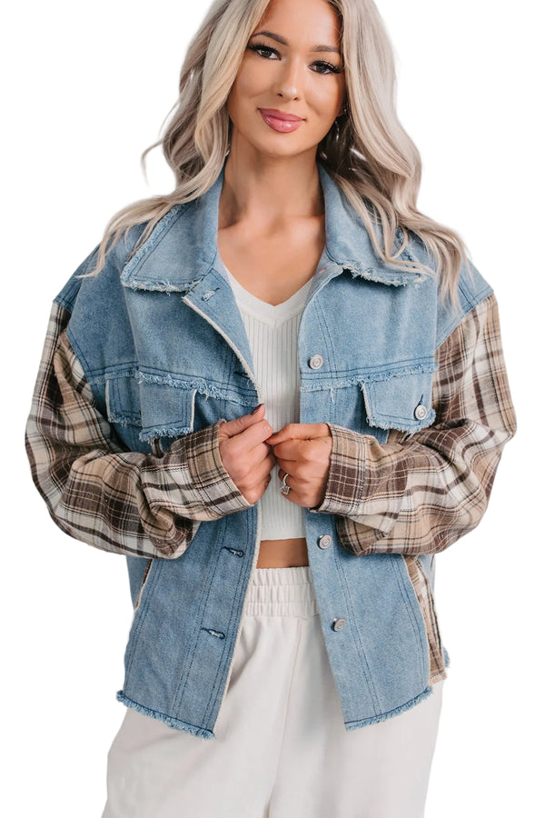 Daily Mode Plaid Denim Mix Jacket (Taupe Blend) - NanaMacs