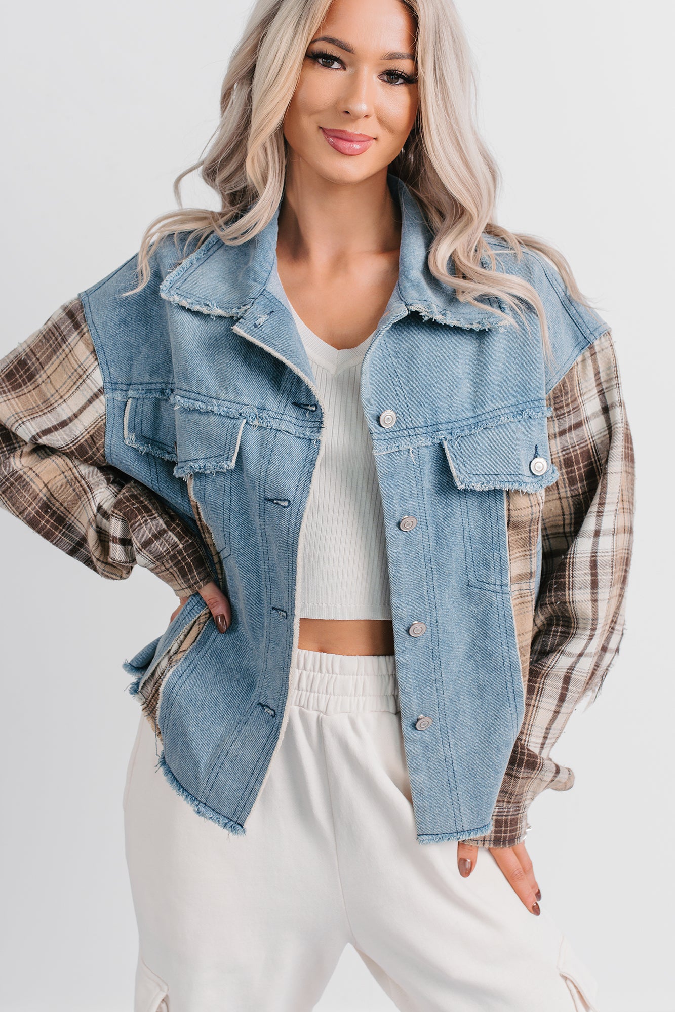 Daily Mode Plaid Denim Mix Jacket (Taupe Blend) - NanaMacs