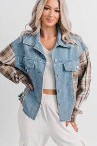 Daily Mode Plaid Denim Mix Jacket (Taupe Blend) - NanaMacs