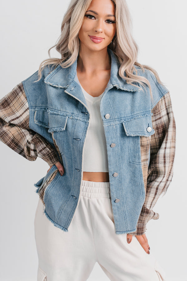 Daily Mode Plaid Denim Mix Jacket (Taupe Blend) - NanaMacs