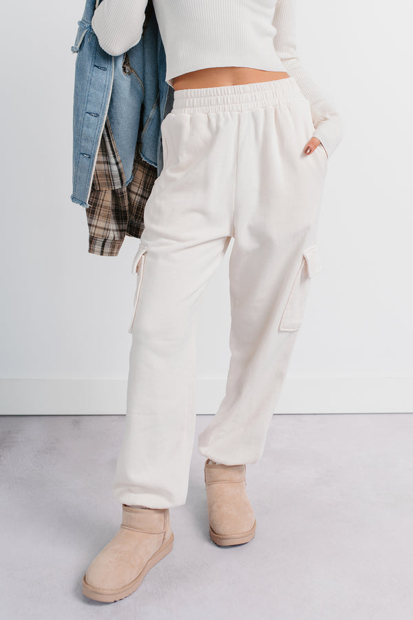 Practicing Patience Fleece Cargo Joggers (Ivory)