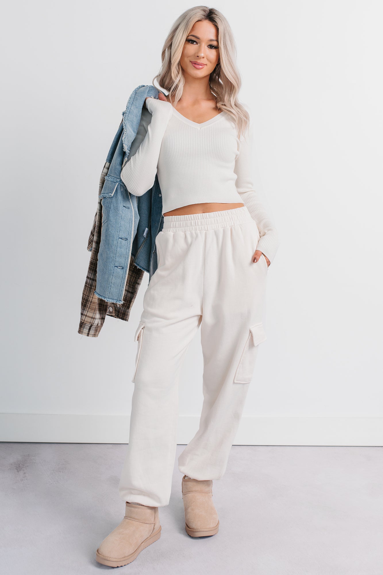 Practicing Patience Fleece Cargo Joggers (Ivory) - NanaMacs