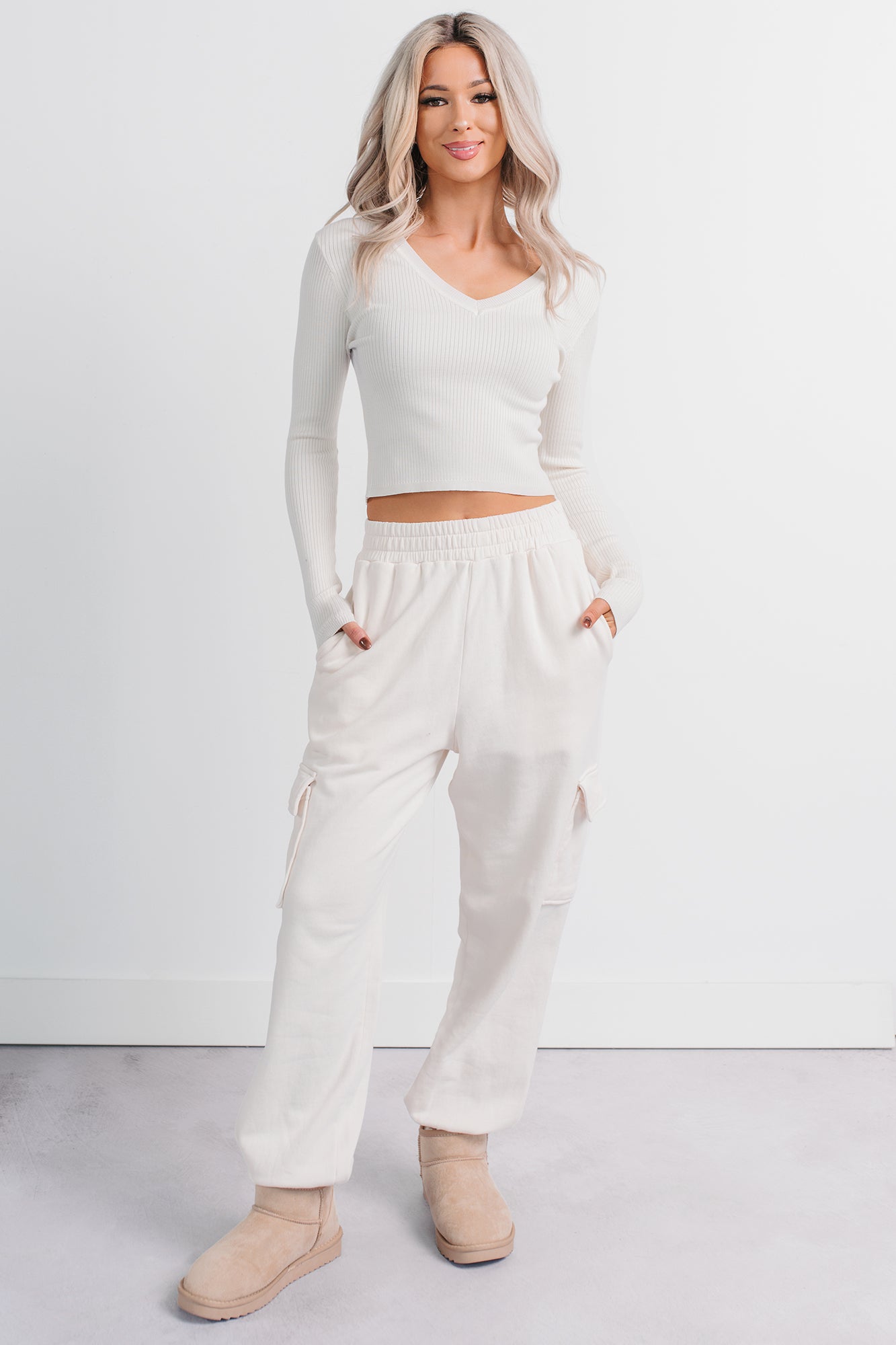 Practicing Patience Fleece Cargo Joggers (Ivory) - NanaMacs