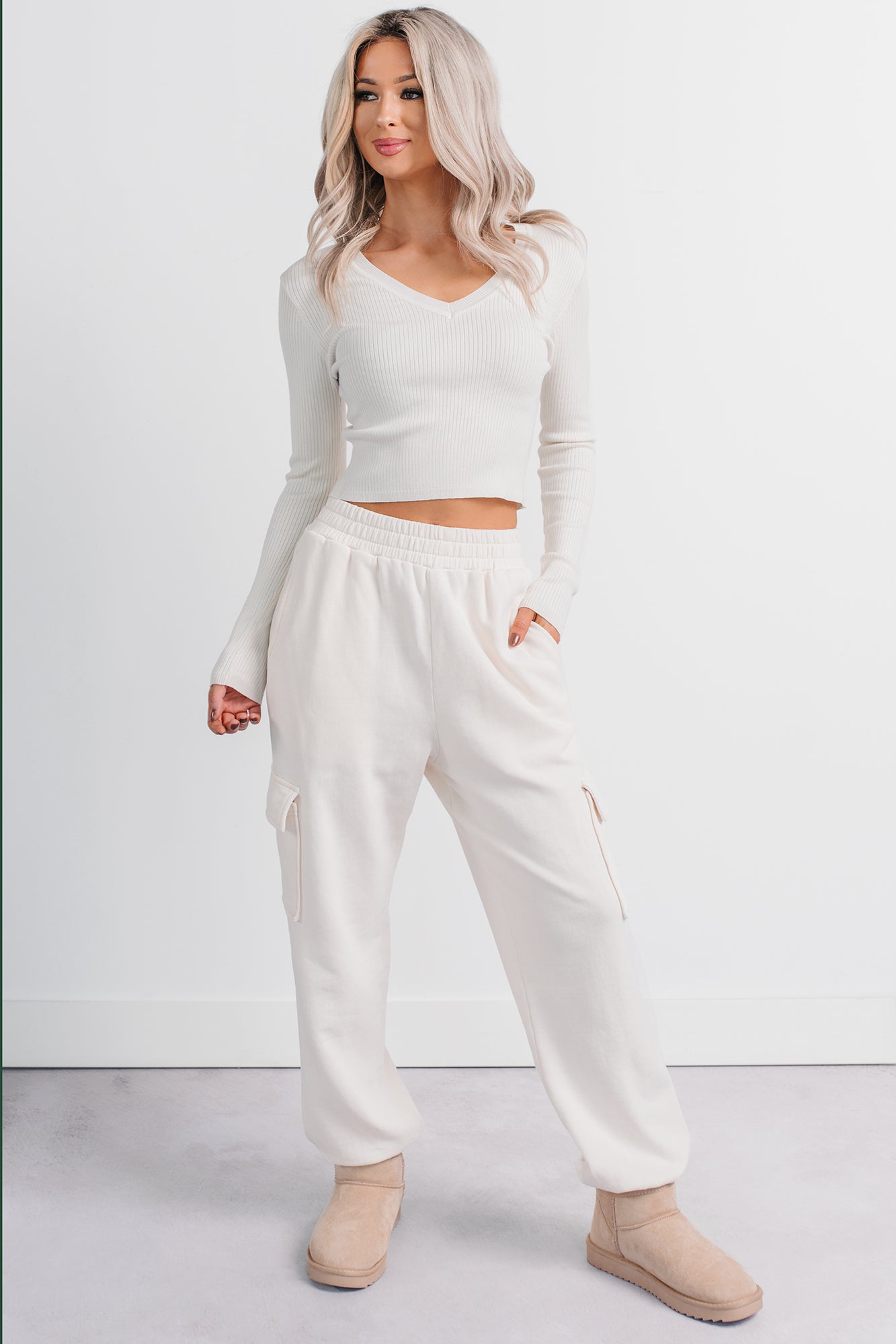 Practicing Patience Fleece Cargo Joggers (Ivory) - NanaMacs