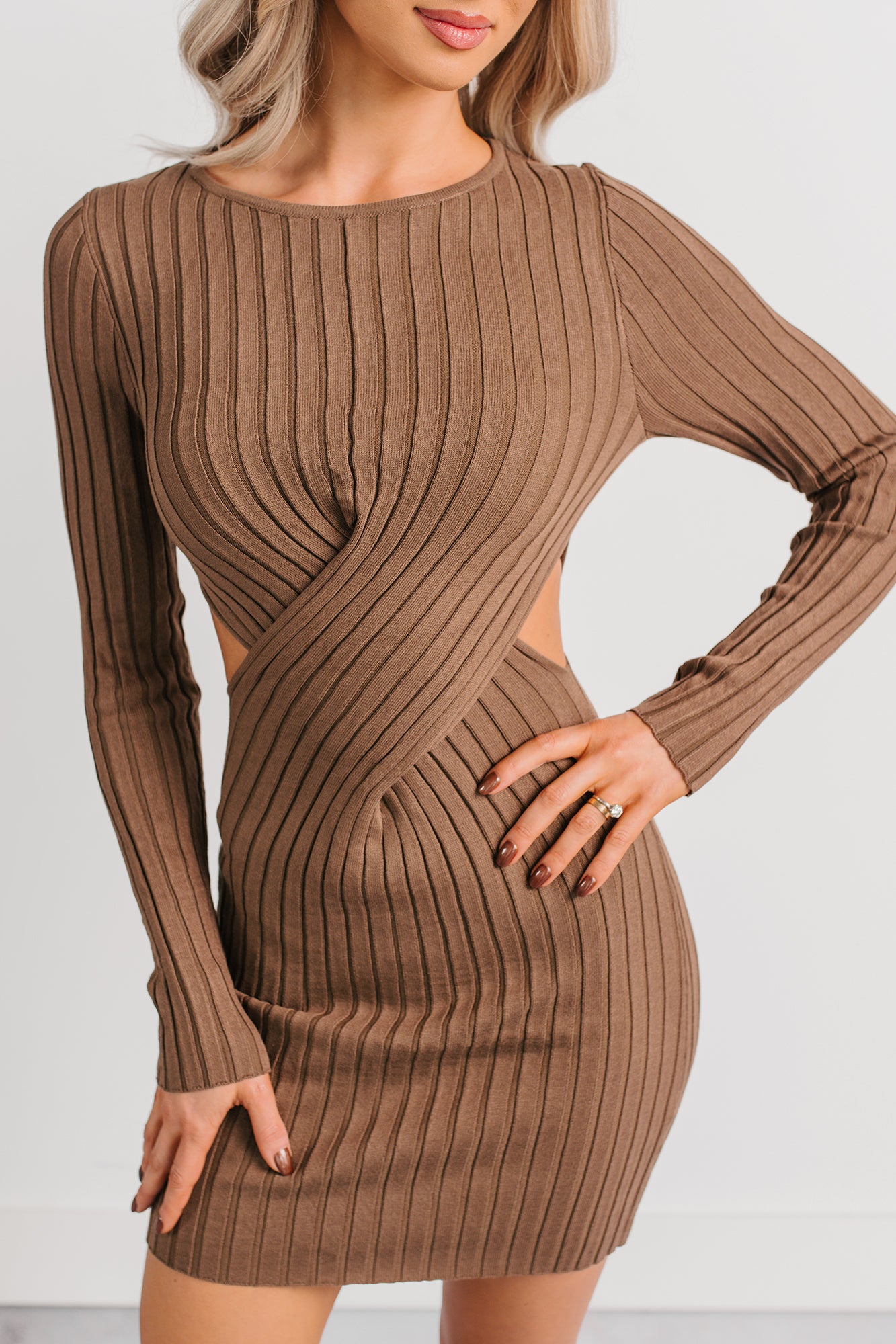Pure Drama Cut-Out Ribbed Knit Mini Dress (Dark Mocha) - NanaMacs