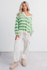 All Dressed Down Striped Knit POL Sweater (Green/Multi) - NanaMacs