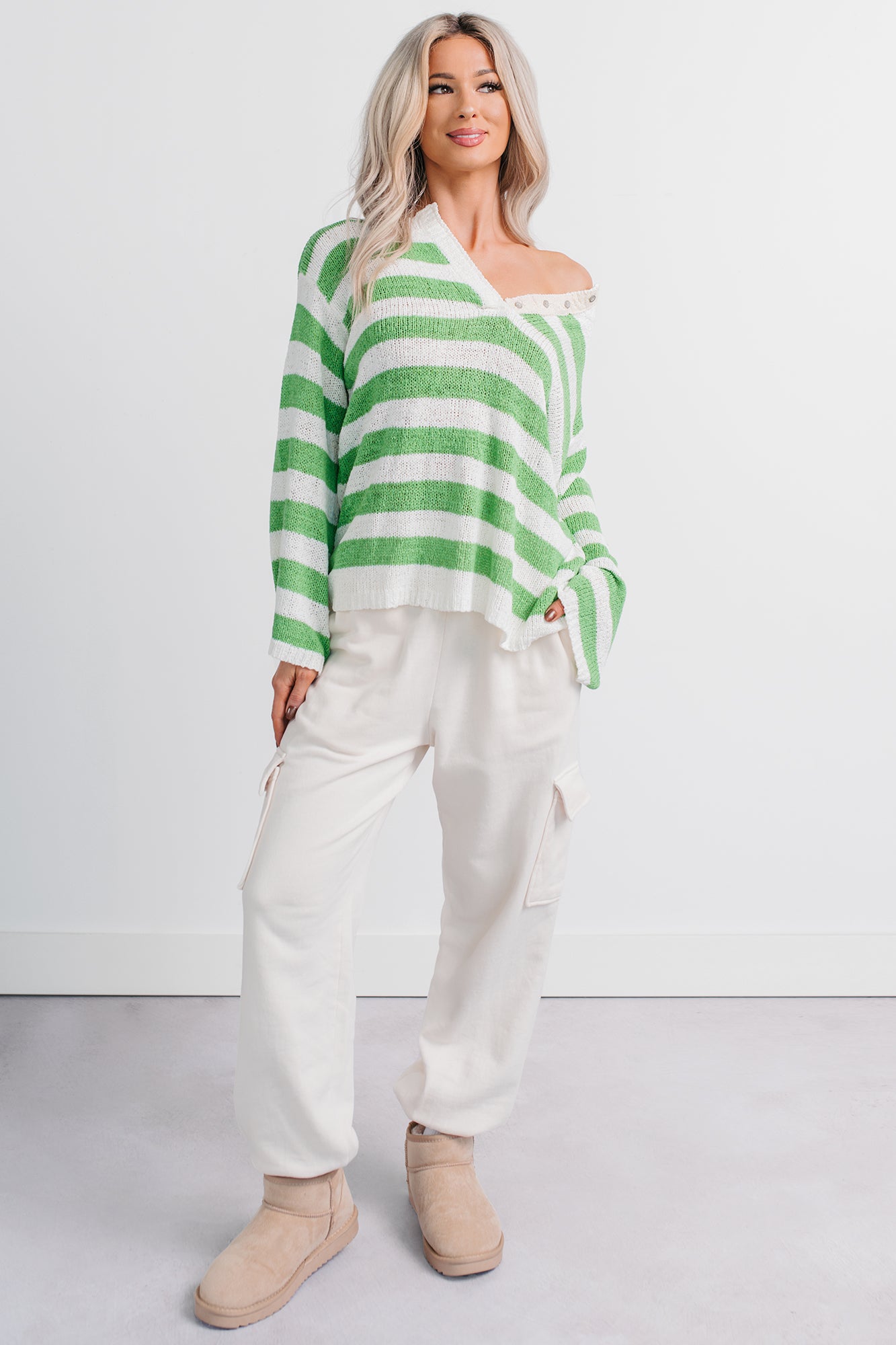 All Dressed Down Striped Knit POL Sweater (Green/Multi) - NanaMacs