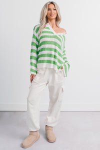 All Dressed Down Striped Knit POL Sweater (Green/Multi) - NanaMacs