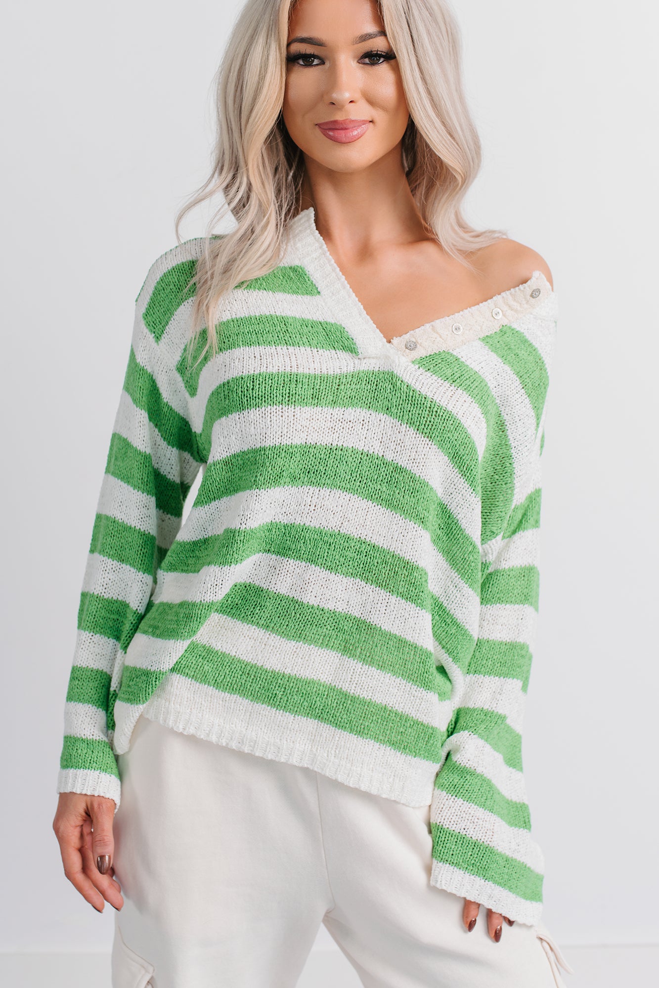 All Dressed Down Striped Knit POL Sweater (Green/Multi) - NanaMacs