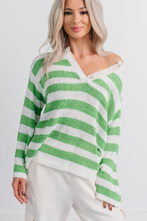 All Dressed Down Striped Knit POL Sweater (Green/Multi)