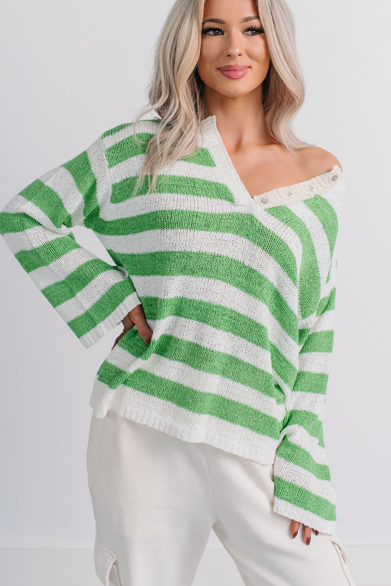 All Dressed Down Striped Knit POL Sweater (Green/Multi) - NanaMacs