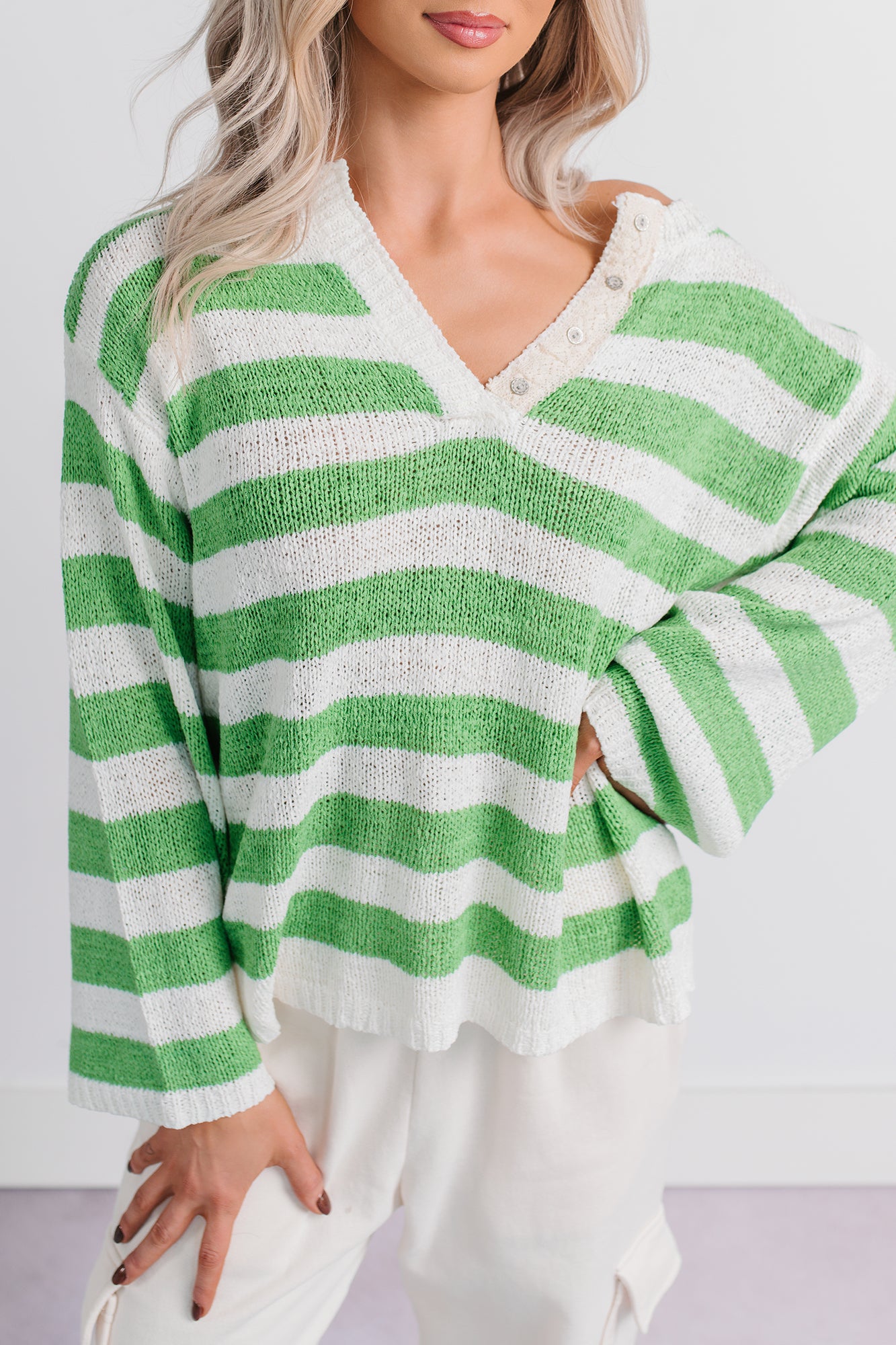 All Dressed Down Striped Knit POL Sweater (Green/Multi) - NanaMacs