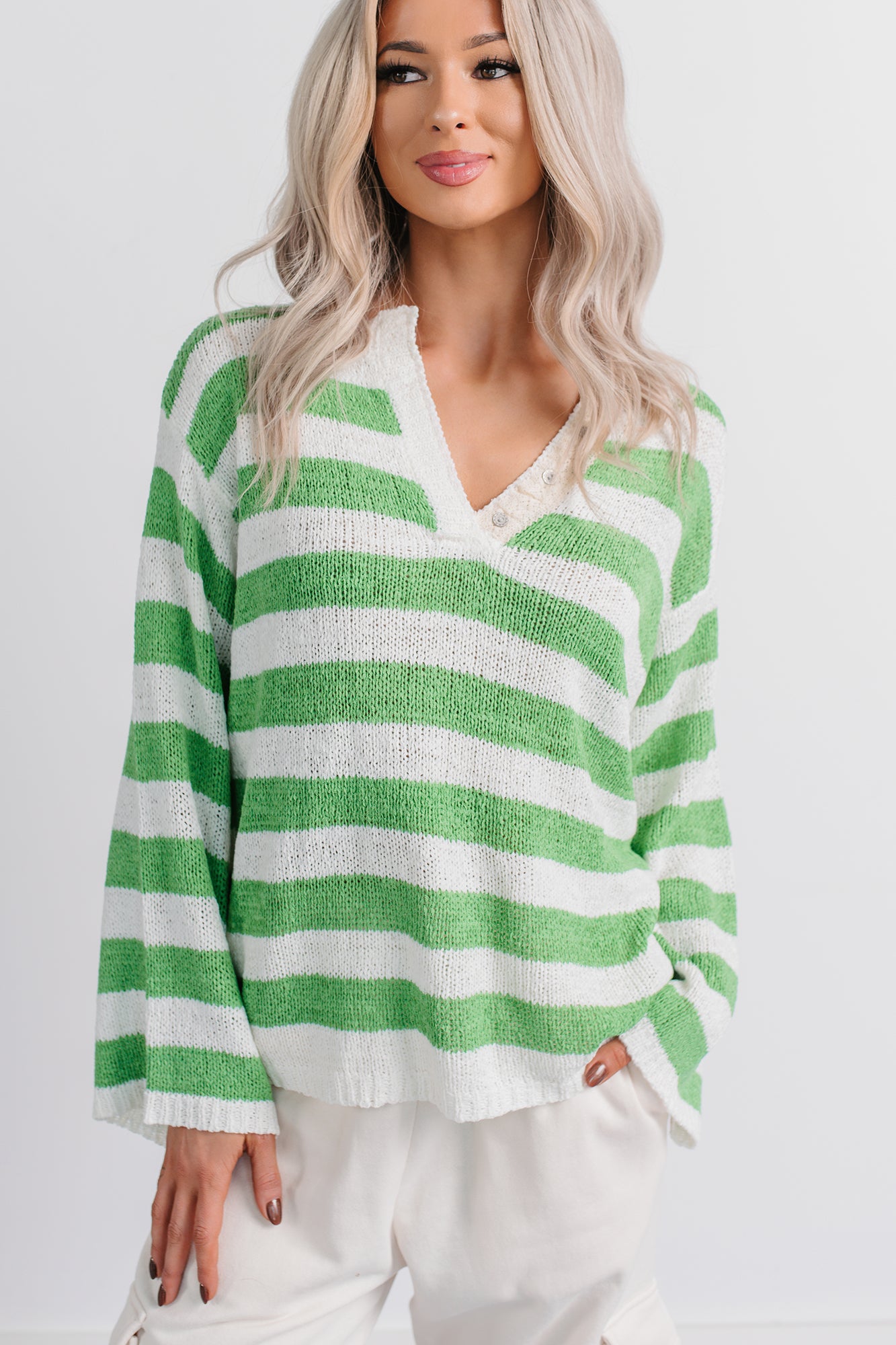 All Dressed Down Striped Knit POL Sweater (Green/Multi) - NanaMacs
