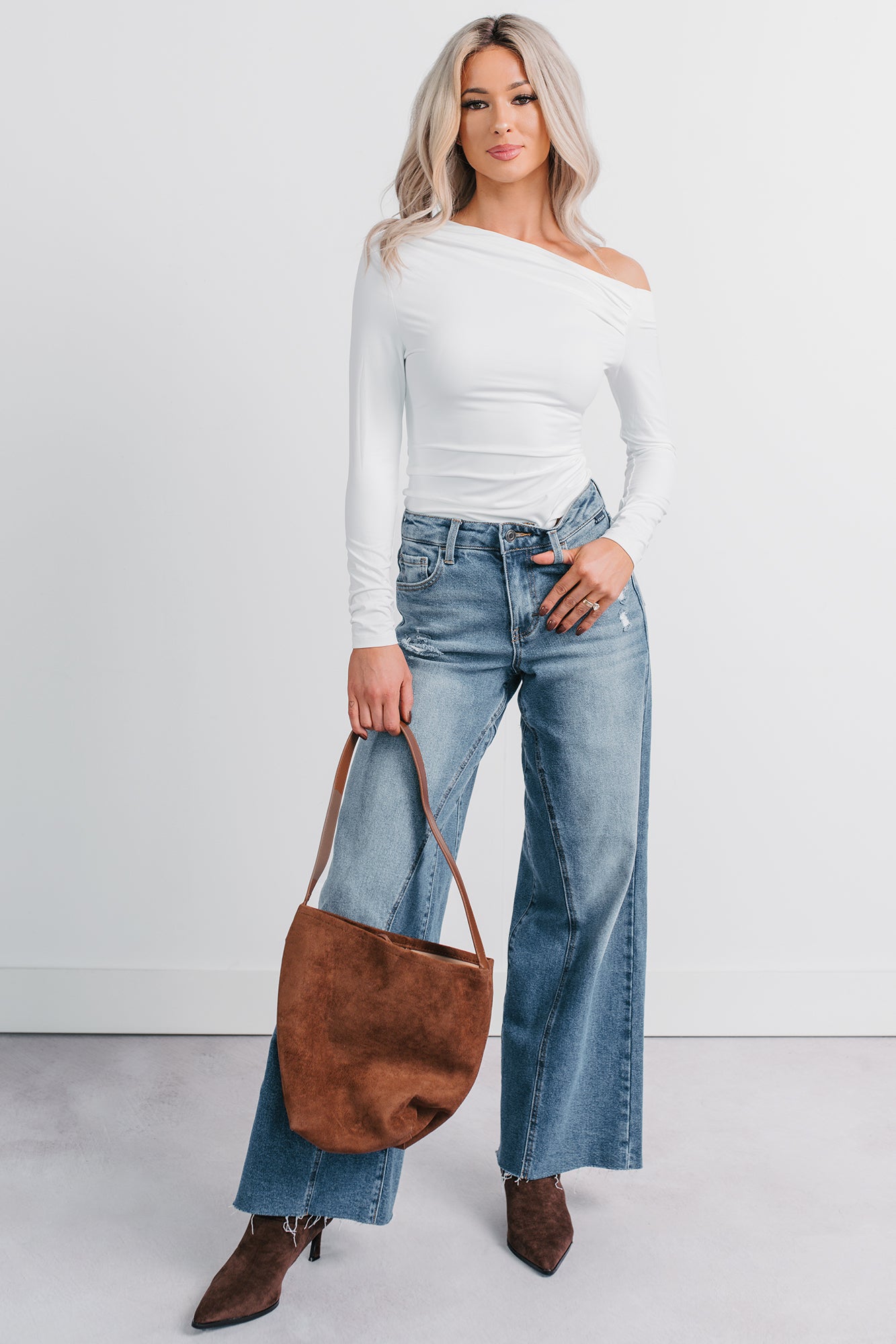 Be Right There Asymmetrical Long Sleeve Top (White) - NanaMacs