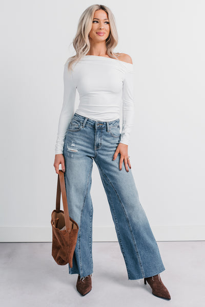 Be Right There Asymmetrical Long Sleeve Top (White)