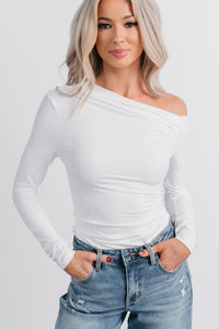 Be Right There Asymmetrical Long Sleeve Top (White) - NanaMacs