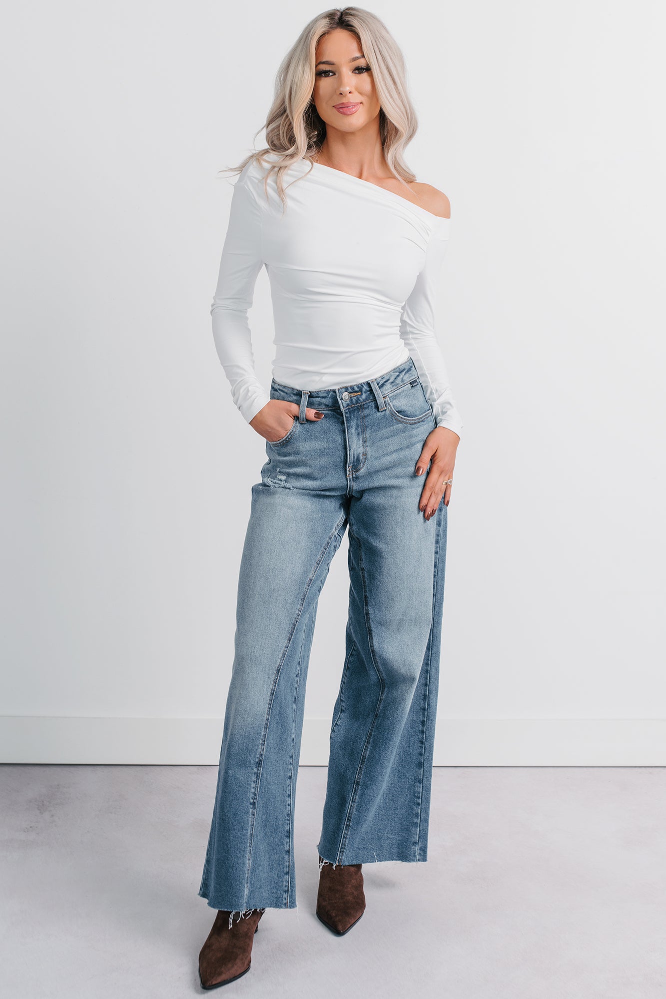 Be Right There Asymmetrical Long Sleeve Top (White) - NanaMacs