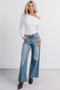 Be Right There Asymmetrical Long Sleeve Top (White) - NanaMacs