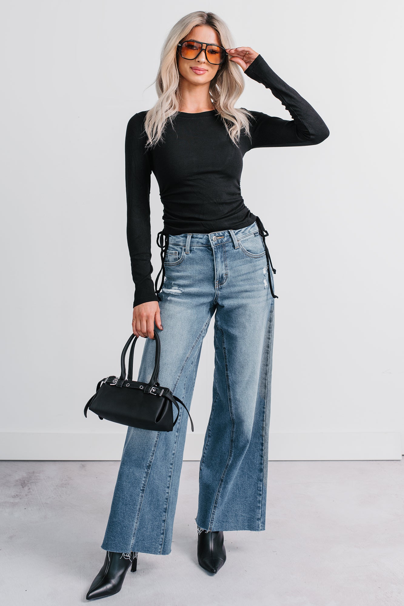 Rich Glow Ribbed Side Ruched Long Sleeve Top (Black) - NanaMacs