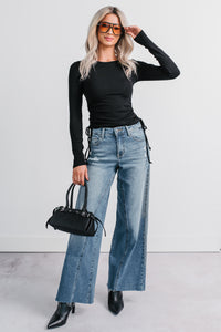 Rich Glow Ribbed Side Ruched Long Sleeve Top (Black) - NanaMacs