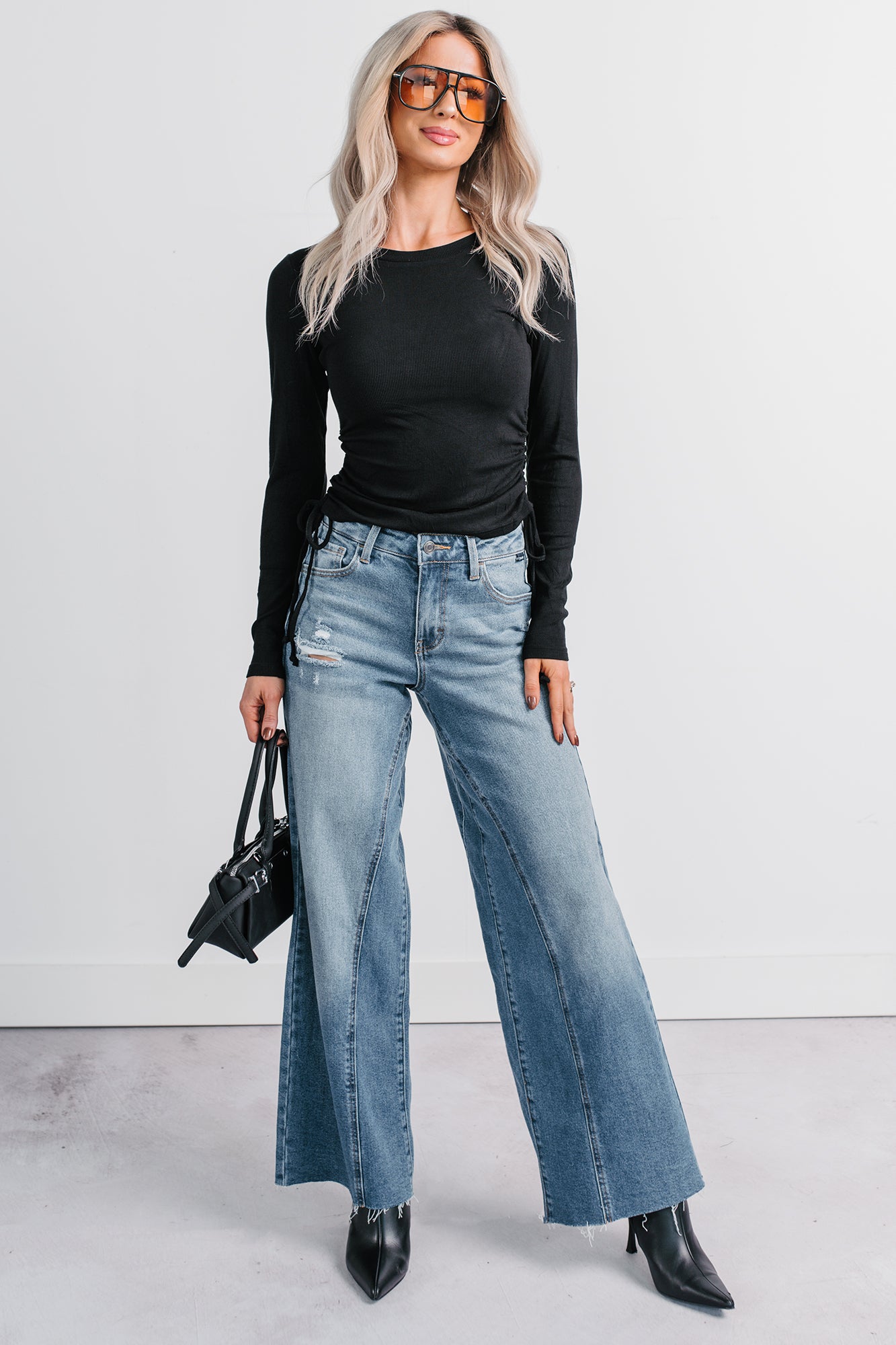 Rich Glow Ribbed Side Ruched Long Sleeve Top (Black) - NanaMacs