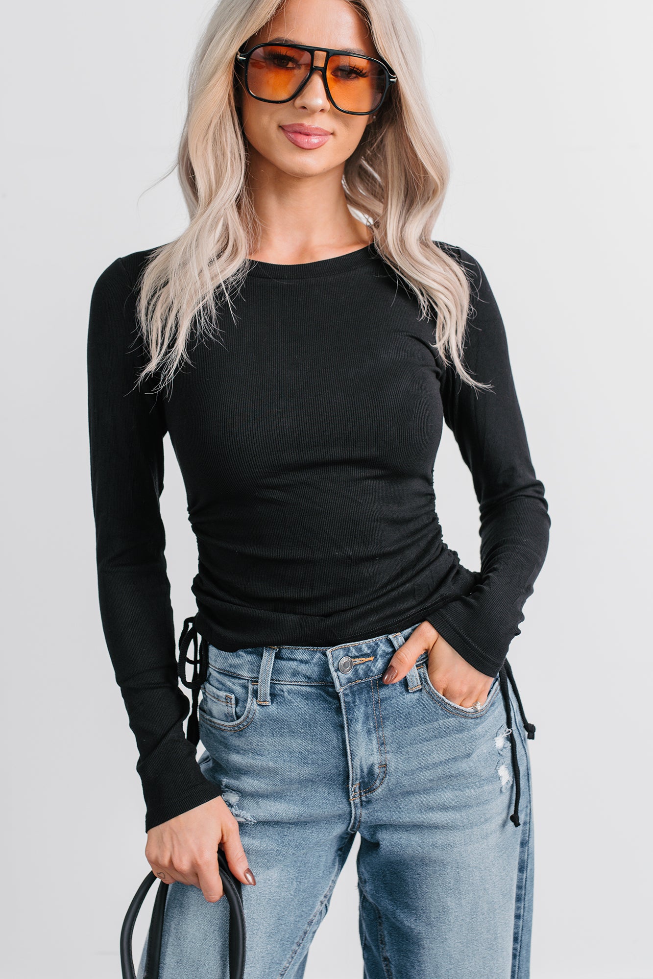 Rich Glow Ribbed Side Ruched Long Sleeve Top (Black) - NanaMacs