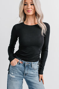 Rich Glow Ribbed Side Ruched Long Sleeve Top (Black) - NanaMacs