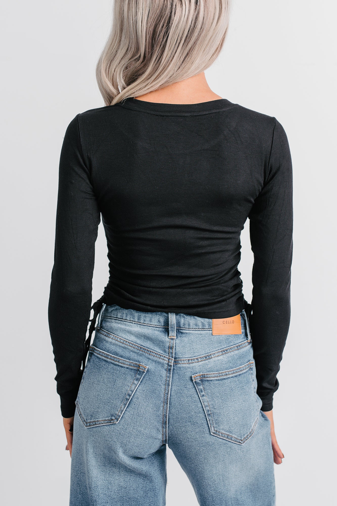 Rich Glow Ribbed Side Ruched Long Sleeve Top (Black) - NanaMacs