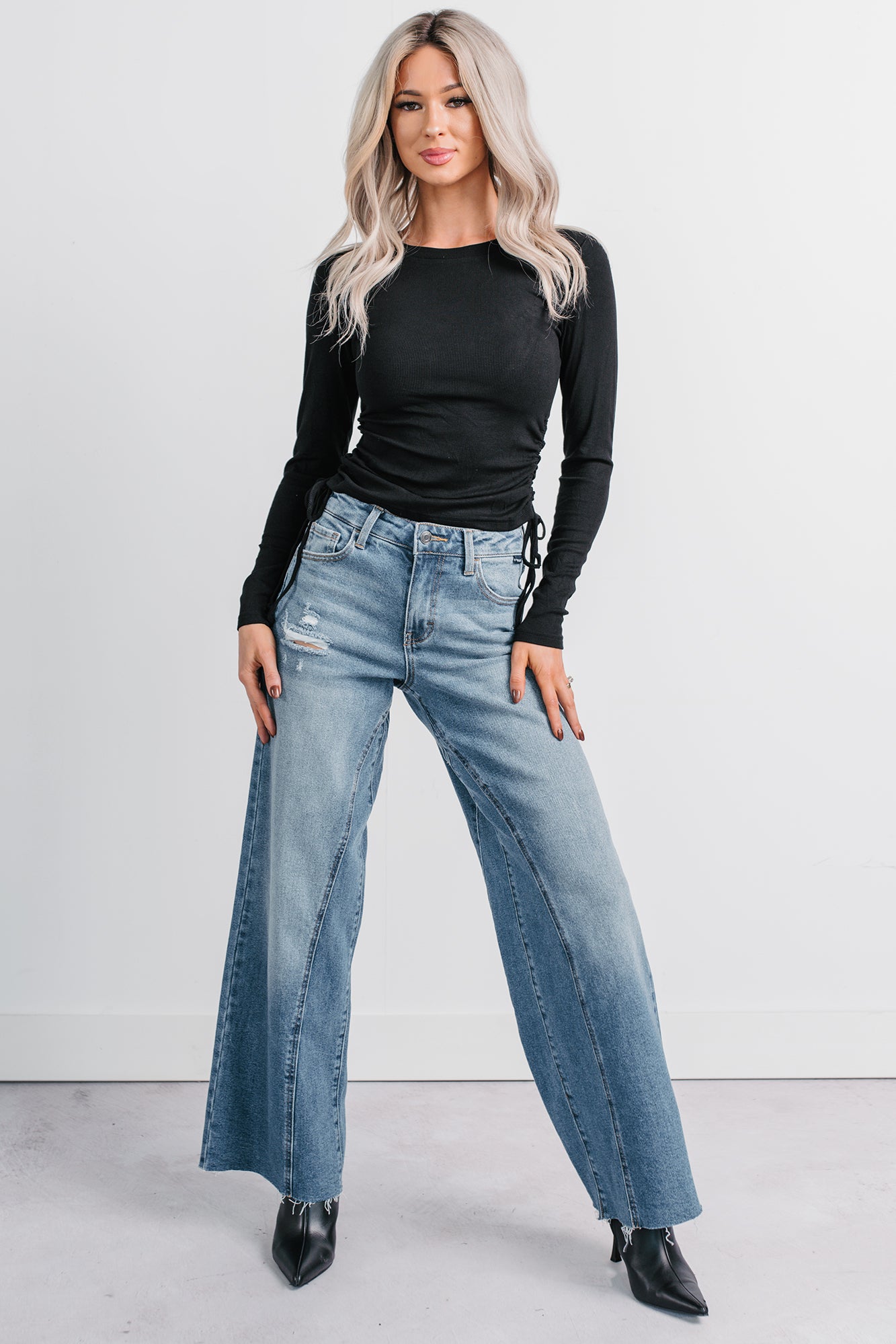 Rich Glow Ribbed Side Ruched Long Sleeve Top (Black) - NanaMacs