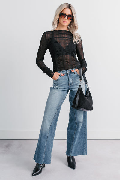 Got You Right Textured Mesh Long Sleeve Top (Black)